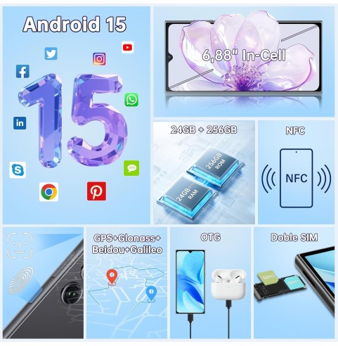 OUKITEL C61 Pro Teléfonos Inteligentes - 24GB+256GB/1TB Telefonos Moviles Libres Android 15, 6.88" Pantalla HD+ 90Hz Smartphone,