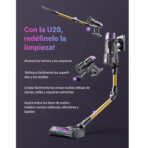 Ultenic U20 Aspiradora sin Cable 55Kpa/60Min, Cepillo Anti-Enredo Mejorado 2025, Aspirador Escoba con Brazo Flexible, Limpieza