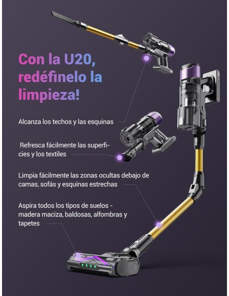 Ultenic U20 Aspiradora sin Cable 55Kpa/60Min, Cepillo Anti-Enredo Mejorado 2025, Aspirador Escoba con Brazo Flexible, Limpieza