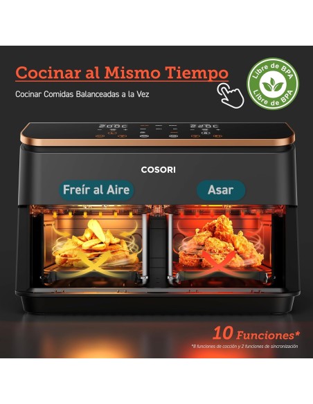 Cosori Freidora de Aire Grande con Doble Cesta 8,5L Air Fryer, Alta Pontencia y Velocidad, Max 8-10 Personas, 10 Funciones,
