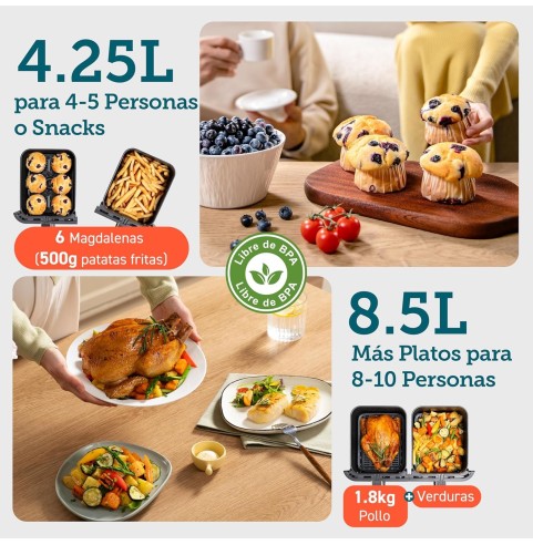 Cosori Freidora de Aire Grande con Doble Cesta 8,5L Air Fryer, Alta Pontencia y Velocidad, Max 8-10 Personas, 10 Funciones,