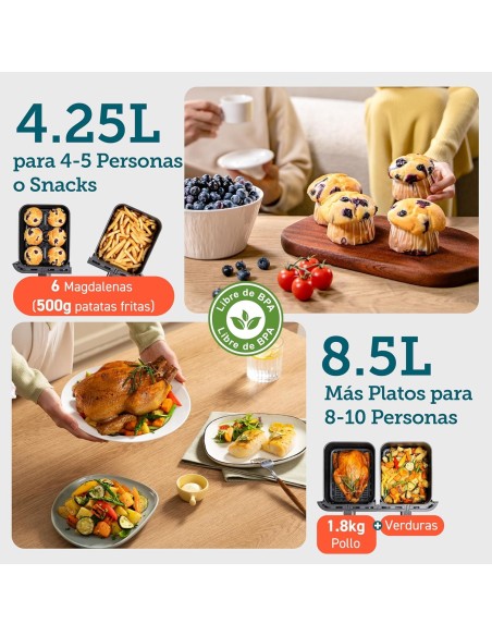 Cosori Freidora de Aire Grande con Doble Cesta 8,5L Air Fryer, Alta Pontencia y Velocidad, Max 8-10 Personas, 10 Funciones,