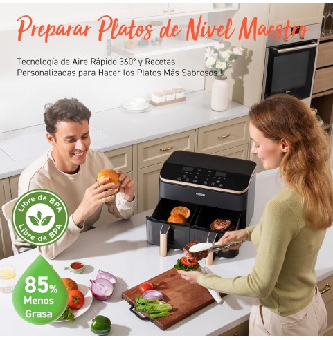 Cosori Freidora de Aire Grande con Doble Cesta 8,5L Air Fryer, Alta Pontencia y Velocidad, Max 8-10 Personas, 10 Funciones,