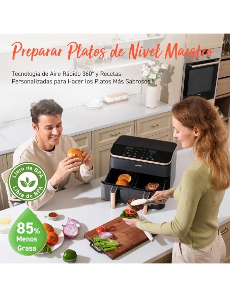 Cosori Freidora de Aire Grande con Doble Cesta 8,5L Air Fryer, Alta Pontencia y Velocidad, Max 8-10 Personas, 10 Funciones,