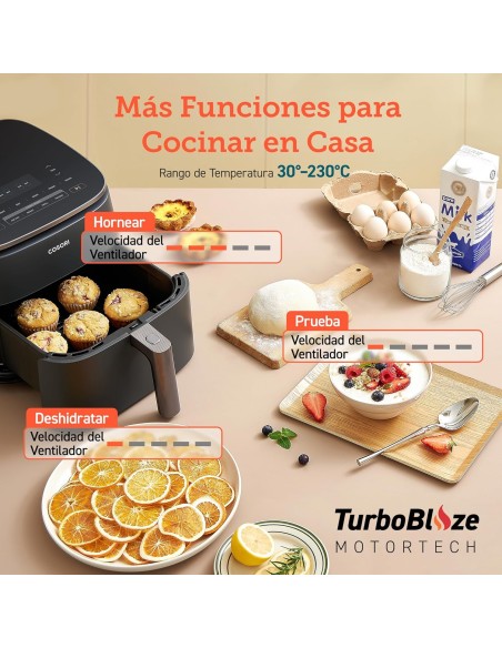Cosori Freidora de Aire Turbo Blaze 6L, Air Fryer Interior Metálico Real, Motor DC Exclusivo, 46% Más Rápida, 30°C a 230°C,
