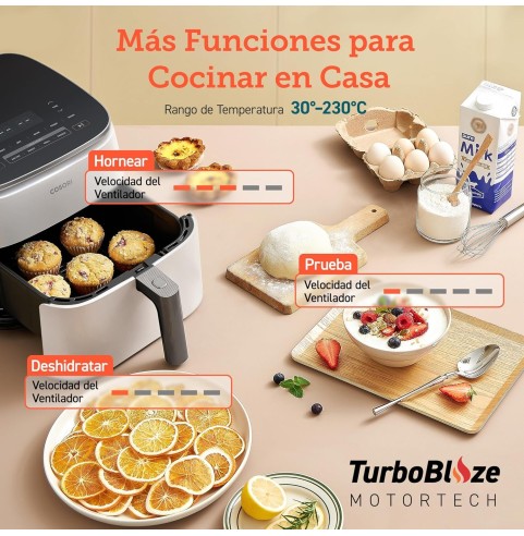 Cosori Freidora de Aire Turbo Blaze 6L, Air Fryer Interior Metálico Real, Motor DC Exclusivo, 46% Más Rápida, 30°C a 230°C,