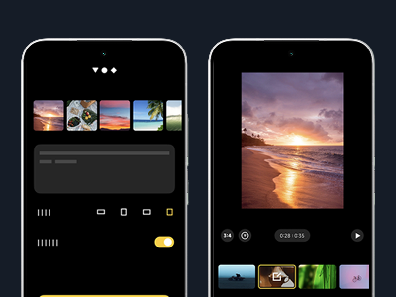 Interfaz de aplicación móvil que muestra las funciones de edición de fotos con una imagen de playa al atardecer y navegación por la galería de miniaturas a continuación